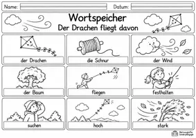 Vorschau - Mal- und Bastelvorlagen - Der Drachen fliegt davon 🍂 Herbstliche Lesegeschichte mit Wortschatzarbeit, Leseverständnis und differenziertem Schreiben für Klasse 2 und 3 - Seite 1