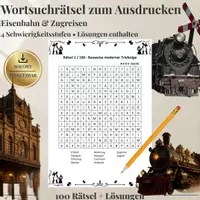 Vorschau - Spiele - Eisenbahn & Zugreisen – 100 Wortsuchrätsel | Suchsel & Arbeitsblätter mit Lösungen - Deckblatt