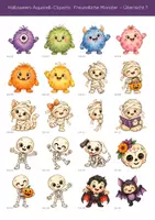 Vorschau - Bildkarten - Halloween-Cliparts Aquarell: 50 freundliche Monster - Seite 1