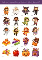 Vorschau - Bildkarten - Halloween-Cliparts Aquarell: 50 Kostüme, Süßigkeiten - Seite 1