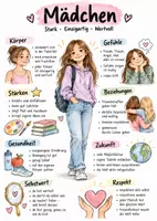Vorschau - Arbeitsblätter - Lernplakat + Arbeitsblätter zum Thema "Mädchen" (Lückentext, Hörverstehen) + Lösung & MP3 + Infografik - Deckblatt