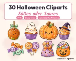 Vorschau - selbst erstellte Cliparts/Grafiken - 30 Halloween-Cliparts: Süßes oder Saures (PNG, Aquarell, transparent) - Deckblatt
