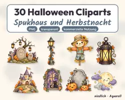 Vorschau - selbst erstellte Cliparts/Grafiken - 30 Halloween-Cliparts: Spukhaus und Herbstnacht (PNG, Aquarell, transparent) - Deckblatt