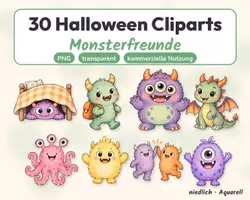 Vorschau - selbst erstellte Cliparts/Grafiken - 30 Halloween-Cliparts: Monsterfreunde (PNG, Aquarell, transparent) - Deckblatt