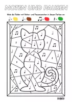 Vorschau - Arbeitsblätter - KATZE Noten- und Pausenwerte in der Musik (Ausmalbild) - Seite 1
