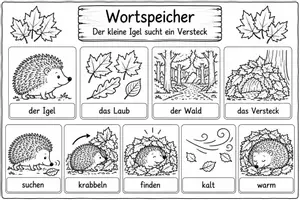 Vorschau - Mal- und Bastelvorlagen - Der kleine Igel sucht ein Versteck – Herbstgeschichte | Lesen, Wortschatz & Schreiben | differenziert | Klasse 2/3 - Seite 2