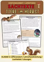 Vorschau - Arbeitsblätter - Sachtexte Tiere im Herbst | Deutsch Klasse 5 | Leseverstehen & Stationenlernen - Deckblatt