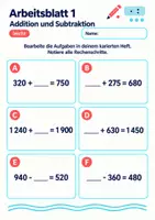 Vorschau - Arbeitsblätter - Addition und Subtraktion Klasse 5 Gymnasium | Mathematik Sekundarstufe I | 10 Arbeitsblätter / Aufgabenblätter mit Lösungen als PDF - Seite 1