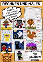 Vorschau - Arbeitsblätter - Rechenmalblätter Herbst Halloween 10 ABs Kopfrechnen ZR 20/100/1000 Pixelbilder Grundrechenarten Rechnen und Malen - Deckblatt