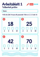 Vorschau - Arbeitsblätter - Teilbarkeit prüfen Klasse 5 Gymnasium | Mathematik Sekundarstufe I | 10 Arbeitsblätter mit Lösungen als PDF - Seite 1