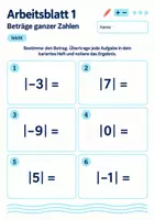 Vorschau - Arbeitsblätter - Beträge ganzer Zahlen Klasse 5 Gymnasium | Mathematik Sekundarstufe I | 10 Arbeitsblätter / Aufgabenblätter mit Lösungen als PDF - Seite 1
