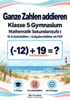 Vorschau - Arbeitsblätter - Ganze Zahlen addieren Klasse 5 Gymnasium | Mathematik Sekundarstufe I | 10 Arbeitsblätter / Aufgabenblätter mit Lösungen als PDF - Deckblatt