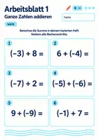 Vorschau - Arbeitsblätter - Ganze Zahlen addieren Klasse 5 Gymnasium | Mathematik Sekundarstufe I | 10 Arbeitsblätter / Aufgabenblätter mit Lösungen als PDF - Seite 1