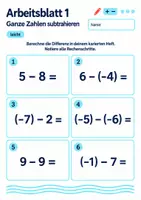 Vorschau - Arbeitsblätter - Ganze Zahlen subtrahieren Klasse 5 Gymnasium | Mathematik Sekundarstufe I | 10 Arbeitsblätter / Aufgabenblätter mit Lösungen als PDF - Seite 1