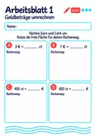 Vorschau - Arbeitsblätter - Geldbeträge umrechnen Klasse 5 Gymnasium | Mathematik Sekundarstufe I | 10 Arbeitsblätter mit Lösungen als PDF - Seite 1