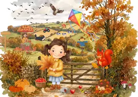Vorschau - Arbeitsblätter - Ein Herbsttag auf dem Land – Differenzierte Mini-Lesespur mit Wimmelbild - Seite 1