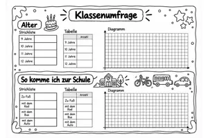 Vorschau - Arbeitsblätter - Klassenumfrage - Arbeitsblatt mit Strichliste, Tabelle und Säulendiagramm - Seite 1