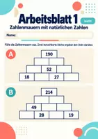 Vorschau - Arbeitsblätter - Zahlenmauern mit natürlichen Zahlen Klasse 5 Gymnasium | Mathematik Sekundarstufe I | 10 Arbeitsblätter mit Lösungen als PDF - Seite 1