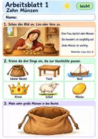 Vorschau - Arbeitsblätter - Jesus erzählt von der verlorenen Münze | Religion Klasse 1 Arbeitsblätter | Evangelische Religionslehre | 10 Arbeitsblätter als PDF - Seite 1