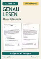 Vorschau - Arbeitsblätter - Gratis: Genau lesen 3/4 – 2 kurze Lesetexte - Deckblatt