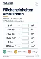 Vorschau - Arbeitsblätter - Flächeneinheiten umrechnen Klasse 5 Gymnasium | Mathematik Sekundarstufe I | 10 Arbeitsblätter mit Lösungen als PDF - Deckblatt