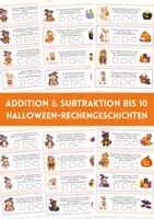 Vorschau - Stationenlernen - Addition & Subtraktion 1 bis 10 | Halloween Rechengeschichten | Mathe 1. Klasse | Rechnen bis 10 – Halloween - Addieren & Subtrahieren | 24 kurze Sachaufgaben - Deckblatt