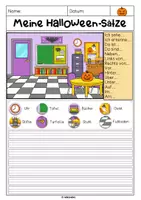 Vorschau - Arbeitsblätter - Sätze schreiben zum Halloween-Bild | Version 3 | differenziert - Seite 1