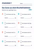 Vorschau - Arbeitsblätter - Das Ganze aus einem Bruchteil bestimmen Klasse 6 Gymnasium | Mathematik Sekundarstufe I | 10 Arbeitsblätter mit Lösungen als PDF - Seite 1