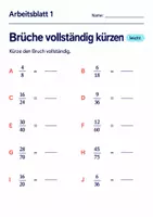 Vorschau - Arbeitsblätter - Brüche vollständig kürzen Klasse 6 Gymnasium | Mathematik Sekundarstufe I | 10 Arbeitsblätter mit Lösungen als PDF - Seite 1
