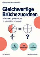 Vorschau - Arbeitsblätter - Gleichwertige Brüche zuordnen Klasse 6 Gymnasium | Mathematik Sekundarstufe I | 10 Arbeitsblätter mit Lösungen als PDF - Deckblatt