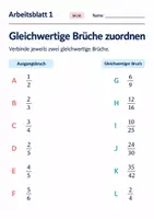 Vorschau - Arbeitsblätter - Gleichwertige Brüche zuordnen Klasse 6 Gymnasium | Mathematik Sekundarstufe I | 10 Arbeitsblätter mit Lösungen als PDF - Seite 1