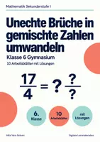 Vorschau - Arbeitsblätter - Unechte Brüche in gemischte Zahlen umwandeln Klasse 6 Gymnasium | Mathematik Sekundarstufe I | 10 Arbeitsblätter mit Lösungen als PDF - Deckblatt