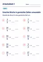 Vorschau - Arbeitsblätter - Unechte Brüche in gemischte Zahlen umwandeln Klasse 6 Gymnasium | Mathematik Sekundarstufe I | 10 Arbeitsblätter mit Lösungen als PDF - Seite 1