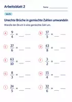 Vorschau - Arbeitsblätter - Unechte Brüche in gemischte Zahlen umwandeln Klasse 6 Gymnasium | Mathematik Sekundarstufe I | 10 Arbeitsblätter mit Lösungen als PDF - Seite 2