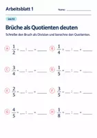 Vorschau - Arbeitsblätter - Brüche als Quotienten deuten Klasse 6 Gymnasium | Mathematik Sekundarstufe I | 10 Arbeitsblätter mit Lösungen als PDF - Seite 1