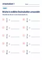 Vorschau - Arbeitsblätter - Brüche in endliche Dezimalzahlen umwandeln Klasse 6 Gymnasium | Mathematik Sekundarstufe I | 10 Arbeitsblätter mit Lösungen als PDF - Seite 1