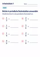 Vorschau - Arbeitsblätter - Brüche in periodische Dezimalzahlen umwandeln Klasse 6 Gymnasium | Mathematik Sekundarstufe I | 10 Arbeitsblätter mit Lösungen als PDF - Seite 1