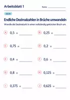 Vorschau - Arbeitsblätter - Endliche Dezimalzahlen in Brüche umwandeln Klasse 6 Gymnasium | Mathematik Sekundarstufe I | 10 Arbeitsblätter mit Lösungen als PDF - Seite 1