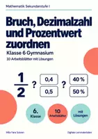 Vorschau - Arbeitsblätter - Bruch, Dezimalzahl und Prozentwert zuordnen Klasse 6 Gymnasium | Mathematik Sekundarstufe I | 10 Arbeitsblätter mit Lösungen als PDF - Deckblatt