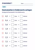 Vorschau - Arbeitsblätter - Dezimalzahlen in Stellenwerte zerlegen Klasse 6 Gymnasium | Mathematik Sekundarstufe I | 10 Arbeitsblätter mit Lösungen als PDF - Seite 1