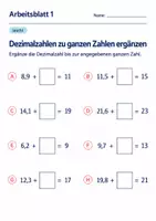 Vorschau - Arbeitsblätter - Dezimalzahlen zu ganzen Zahlen ergänzen Klasse 6 Gymnasium | Mathematik Sekundarstufe I | 10 Arbeitsblätter mit Lösungen als PDF - Seite 1