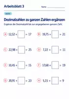 Vorschau - Arbeitsblätter - Dezimalzahlen zu ganzen Zahlen ergänzen Klasse 6 Gymnasium | Mathematik Sekundarstufe I | 10 Arbeitsblätter mit Lösungen als PDF - Seite 3