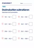 Vorschau - Arbeitsblätter - Dezimalzahlen subtrahieren Klasse 6 Gymnasium | Mathematik Sekundarstufe I | 10 Arbeitsblätter mit Lösungen als PDF - Seite 1