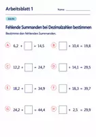 Vorschau - Arbeitsblätter - Fehlende Summanden bei Dezimalzahlen bestimmen Klasse 6 Gymnasium | Mathematik Sekundarstufe I | 10 Arbeitsblätter mit Lösungen als PDF - Seite 1