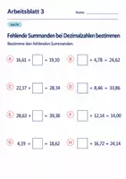 Vorschau - Arbeitsblätter - Fehlende Summanden bei Dezimalzahlen bestimmen Klasse 6 Gymnasium | Mathematik Sekundarstufe I | 10 Arbeitsblätter mit Lösungen als PDF - Seite 3
