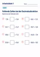 Vorschau - Arbeitsblätter - Fehlende Zahlen bei der Dezimalsubtraktion Klasse 6 Gymnasium | Mathematik Sekundarstufe I | 10 Arbeitsblätter mit Lösungen als PDF - Seite 1