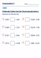 Vorschau - Arbeitsblätter - Fehlende Zahlen bei der Dezimalsubtraktion Klasse 6 Gymnasium | Mathematik Sekundarstufe I | 10 Arbeitsblätter mit Lösungen als PDF - Seite 3