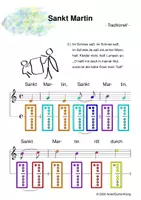 Vorschau - Arbeitsblätter - (A) Kinderlieder für Herbst und Winter - St. Martin /Lasst uns froh.../ In meinem kleinen Apfel/ Laterne/ Alle Jahre wieder/ Schneeflöckchen/ Es regnet - Singen, Glockenspiel, Blockflöte - Spielend leichter Einstieg für Anfänger / Bunte Noten Rainbow A - Seite 1