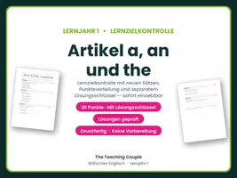Vorschau - Test - Artikel a, an und the – Lernzielkontrolle - Deckblatt
