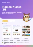 Vorschau - Stationenlernen - Nomen | Lernwerkstatt + Lernzielkontrolle | Nomen erkennen, Artikel der, die, das, Fotokarten | Deutsch Klasse 2/3 | mit Lösungen - Deckblatt